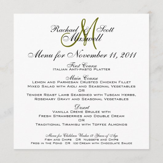 Hochzeits-Menü kardiert Monogramm-Quadrat Menükarte (Rückseite)