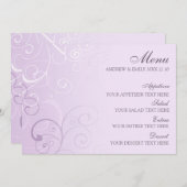 Hochzeits-Menü-Lavendel-Wirbel Menükarte (Vorne/Hinten)
