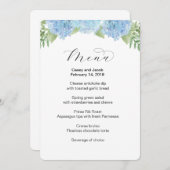 Hochzeits-Menü mit blauen Blumenhydrangeas Menükarte (Vorne/Hinten)