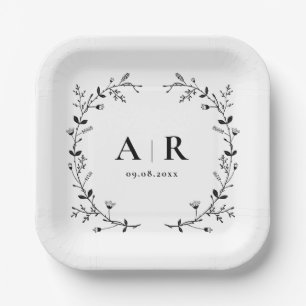 Hochzeits-Monogramm mit Weinranken, Anfangsbuchsta Pappteller