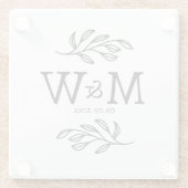 Hochzeits-Paar-Monogramm-Initialen-Datum-Botanik Glasuntersetzer (Rückseite)