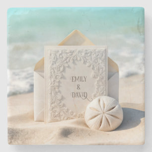 Hochzeits-Papeterie mit Strand-Sand-Dollar Steinuntersetzer
