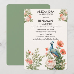 Hochzeits-Pfau Botanisch Vintage-Blumenkunst Einladung