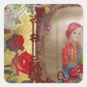 Hochzeits-Puppen-Portrait Grafik-Kunst-Druck Quadratischer Aufkleber