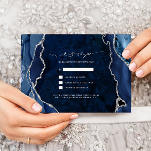 Hochzeits-RSVP Navy-Marmor & Silber-Achat Einladung
