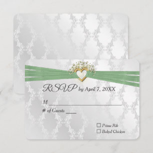 Hochzeits-RSVP Salbei-Schleife im Herzen auf Satin RSVP Karte