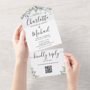 Hochzeits-Script-Monogramm Floral QR Code All In One Einladung