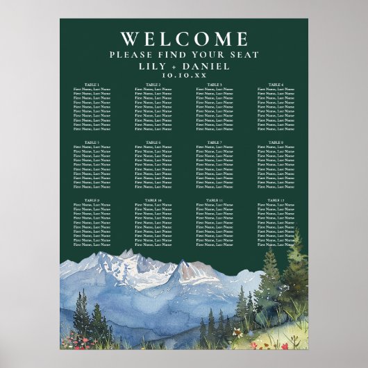 Hochzeits-Sitzplan Bergflorales Smaragdgrün Poster (Vorne)