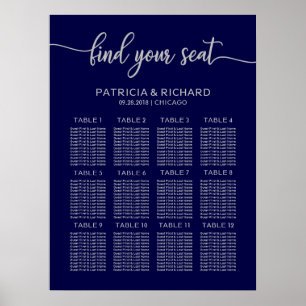 Hochzeits-Sitzplan-Board Chic Navy Blau Silber Poster