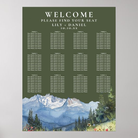 Hochzeits-Sitzplan im Oliven Grün mit Bergflora Poster (Vorne)