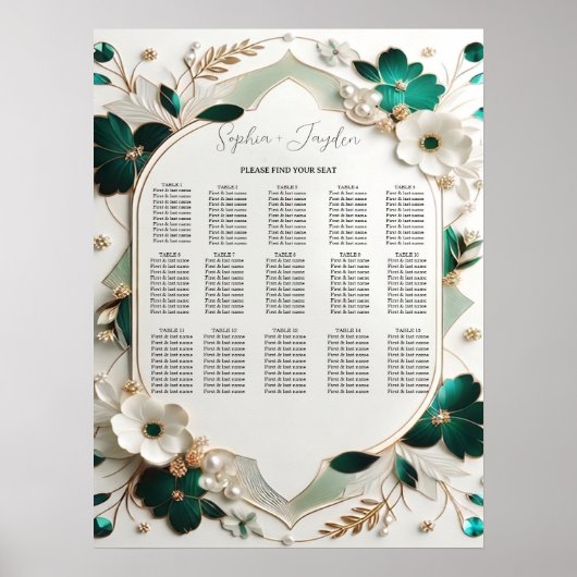 Hochzeits-Sitzplan mit floraler Begrünung Poster (Vorne)