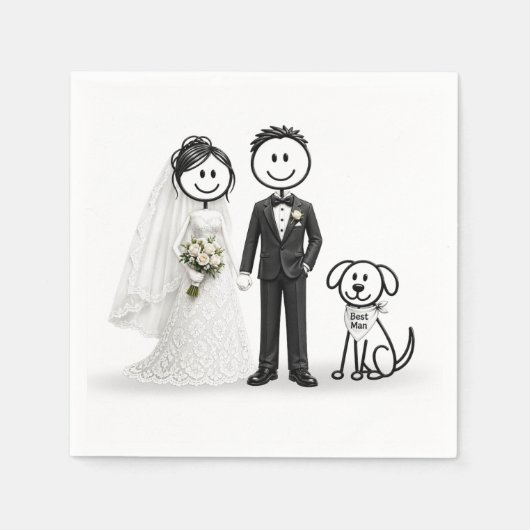 Hochzeits-Strichmännchen mit Trauzeugen-Hund Serviette (Vorderseite)