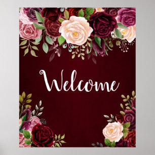 Hochzeits-willkommensschild burgunderrot floral poster