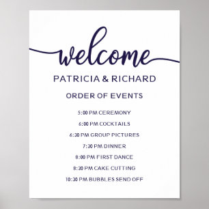 Hochzeitsablauf-Schild Chic Navy Blau Poster