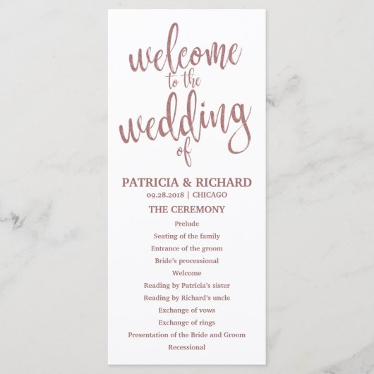 Hochzeitsablaufprogramm Rose Gold Schrift Programm (Vorderseite)