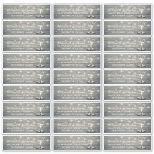 Hochzeitsadresse Champagne Glass Holzofenleuchten Aufkleber (Vorderseite)