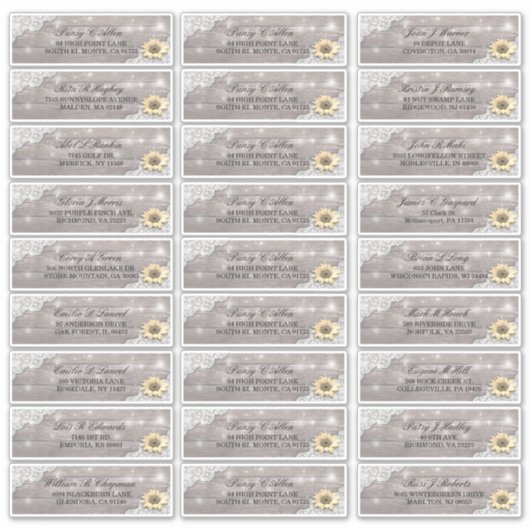 Hochzeitsadresse Lace Sunflower Holzofenleuchten Aufkleber (Vorderseite)