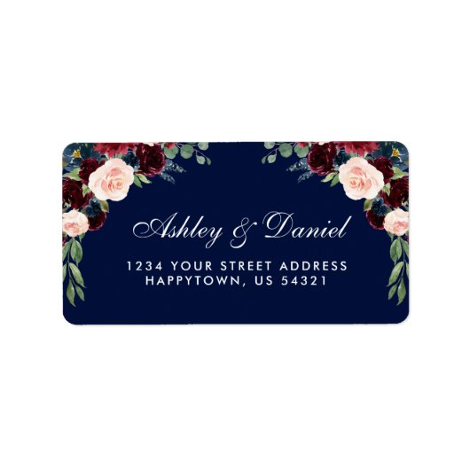 Hochzeitsadresse von Burgundy Blue Floral Watercol Adressaufkleber (Vorne)