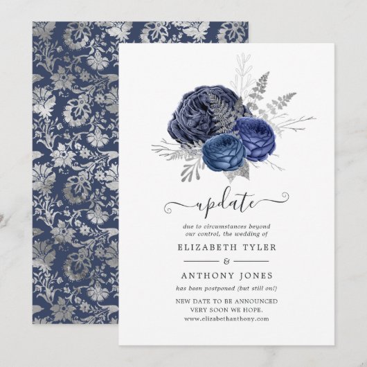 Hochzeitsaktualisierung für Navy und Silver Floral Einladung (Vorne/Hinten)