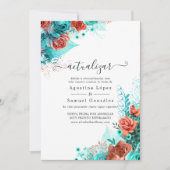 Hochzeitsaktualisierung für Türkis und Korallenflo Einladung (Vorderseite)
