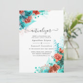 Hochzeitsaktualisierung für Türkis und Korallenflo Einladung (Stehend Vorderseite)