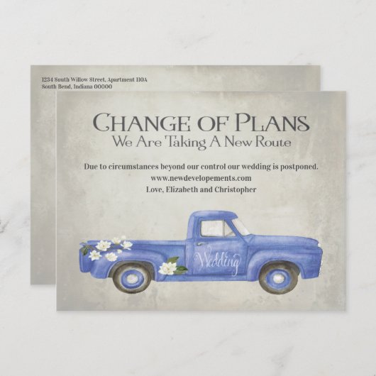 Hochzeitsänderung der Pläne aufgeschoben Blaue LKW Postkarte (Vorne/Hinten)