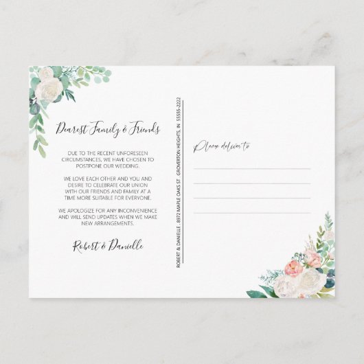 Hochzeitsänderung der Pläne Wasserfarbene Blumengä Ankündigungspostkarte (Rückseite)