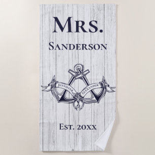 Hochzeitsanker Frau Navy Blue Nautical Monogram Strandtuch