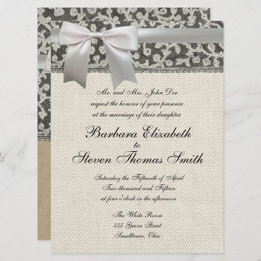 Hochzeitsantike Spitzen Linen Weiße klassische Hüb Einladung (Vorne/Hinten)