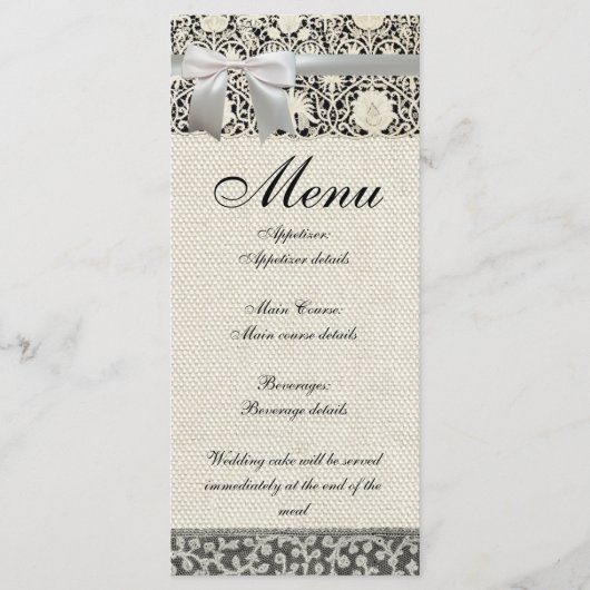 Hochzeitsantike Spitzen Linen Weiße klassische Hüb Menükarte (Vorderseite)