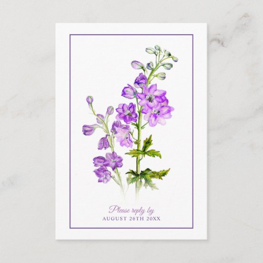 Hochzeitsantwort lila Delphinium-Blume Grenze Begleitkarte (Vorderseite)
