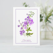 Hochzeitsantwort lila Delphinium-Blume Grenze Begleitkarte (Stehend Vorderseite)