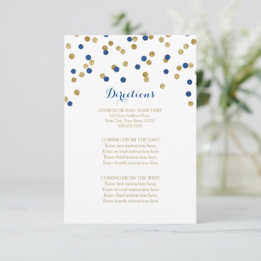 Hochzeitsanweisung für Navy Blue Gold Confetti Begleitkarte (Stehend Vorderseite)