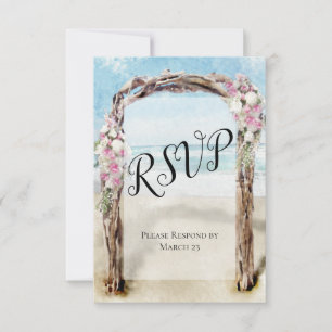 Hochzeitsarsch am Strand mit Rose RSVP Karte