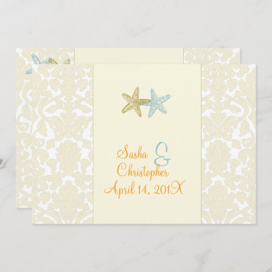 Hochzeitsaufenthalte von Starfish und Damast Einladung (Vorne/Hinten)