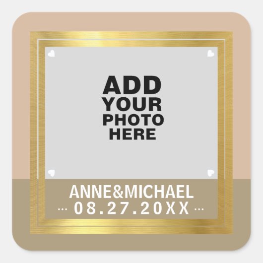 Hochzeitsaufkleber / Foto mit Paarnamen Quadratischer Aufkleber (Vorderseite)