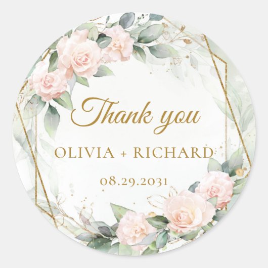 Hochzeitsaufkleber für Boho-Blüten und Goldrahmen Runder Aufkleber (Vorderseite)