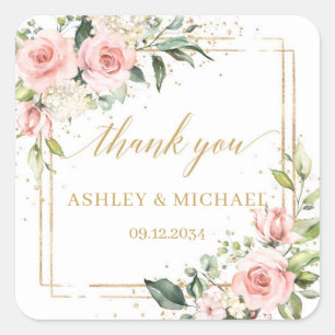 Hochzeitsaufkleber für Boho, Rose und Goldgrün Quadratischer Aufkleber