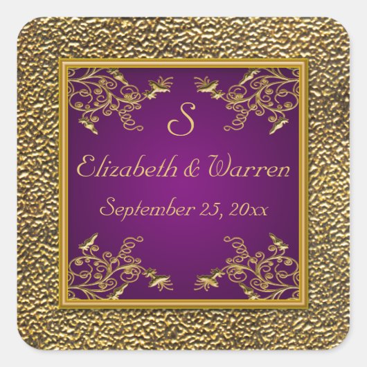 Hochzeitsaufkleber für lila und Goldflorale Quadratischer Aufkleber (Vorderseite)