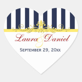 Hochzeitsaufkleber für Navy, White Yellow Stripes Herz-Aufkleber