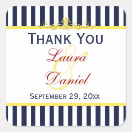 Hochzeitsaufkleber für Navy, White Yellow Stripes Quadratischer Aufkleber