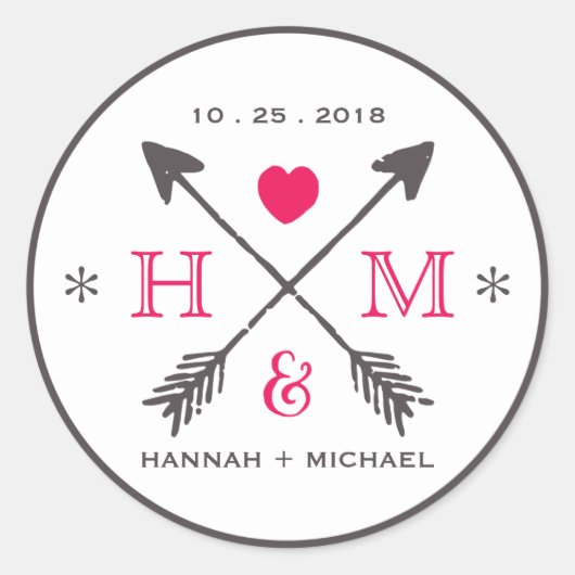 Hochzeitsaufkleber für rustikales Herz und Pfeil Runder Aufkleber (Vorderseite)