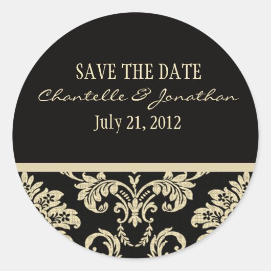 Hochzeitsaufkleber für Schwarz und ElfenbeinDamast Runder Aufkleber (Vorderseite)