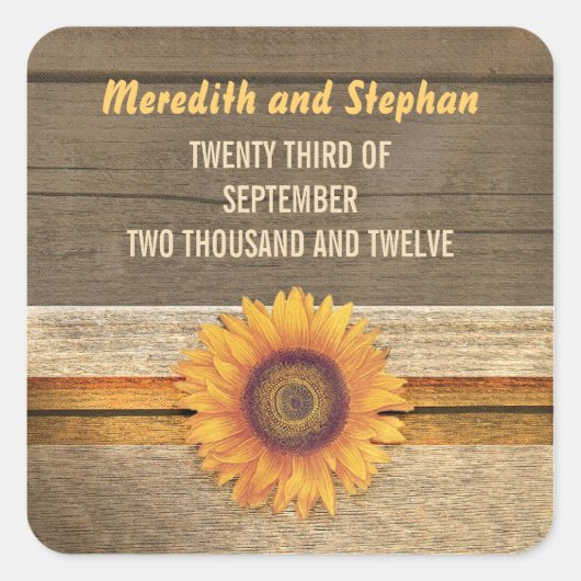 Hochzeitsaufkleber für Sonnenblumen Quadratischer Aufkleber (Vorderseite)