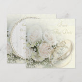 Hochzeitsbänder, Rose, Tauben und Spitzen Save the Date (Vorne/Hinten)