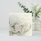Hochzeitsbänder, Rose, Tauben und Spitzen Save the Date (Stehend Vorderseite)