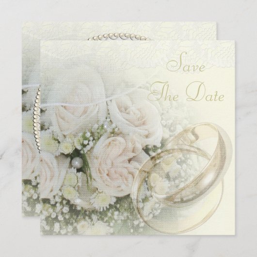 Hochzeitsbänder, Rose, Tauben und Spitzen Save the Save The Date (Vorne/Hinten)