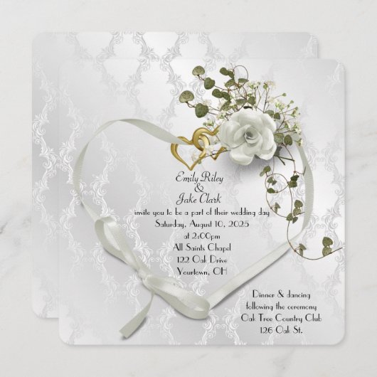 Hochzeitsbandherz auf Damast Save The Date (Vorne/Hinten)