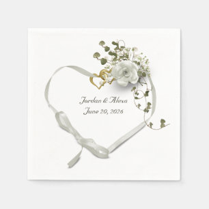 Hochzeitsbandherz mit Efeu-Bouquet der Rose Serviette