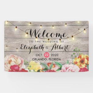 Hochzeitsbanner-Blume, die Lichter rustikales Holz Banner